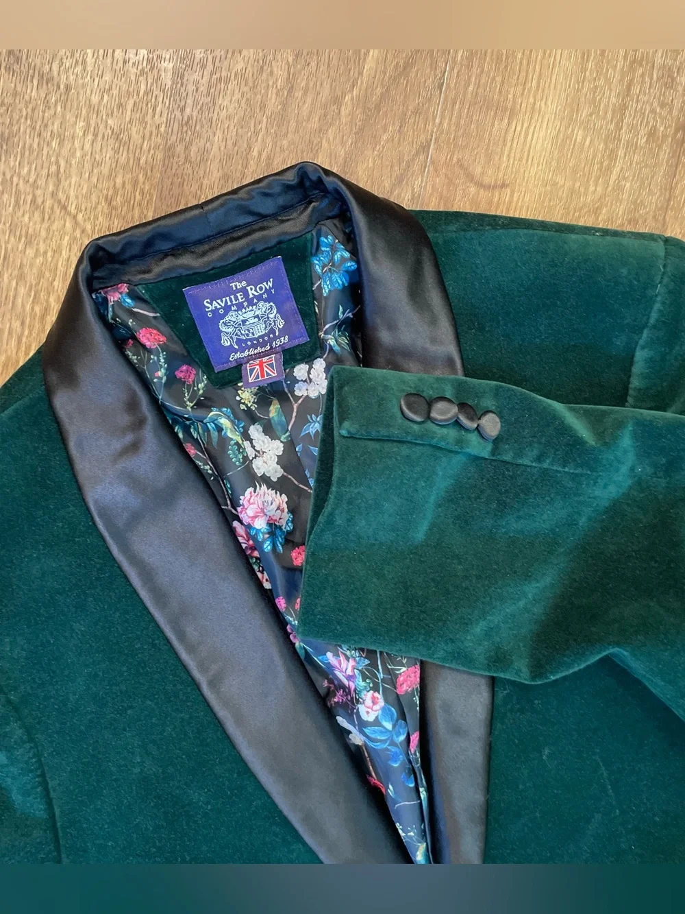 The Savile Row Company Green Velvet Tuxedo Blazer Mens 40 R Floral Lined Ivy